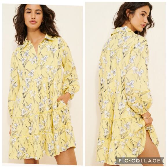 Anthropologie Maeve Bettina Ladder Lace Mini Dress Small Linen Floral Oversized - Picture 1 of 15